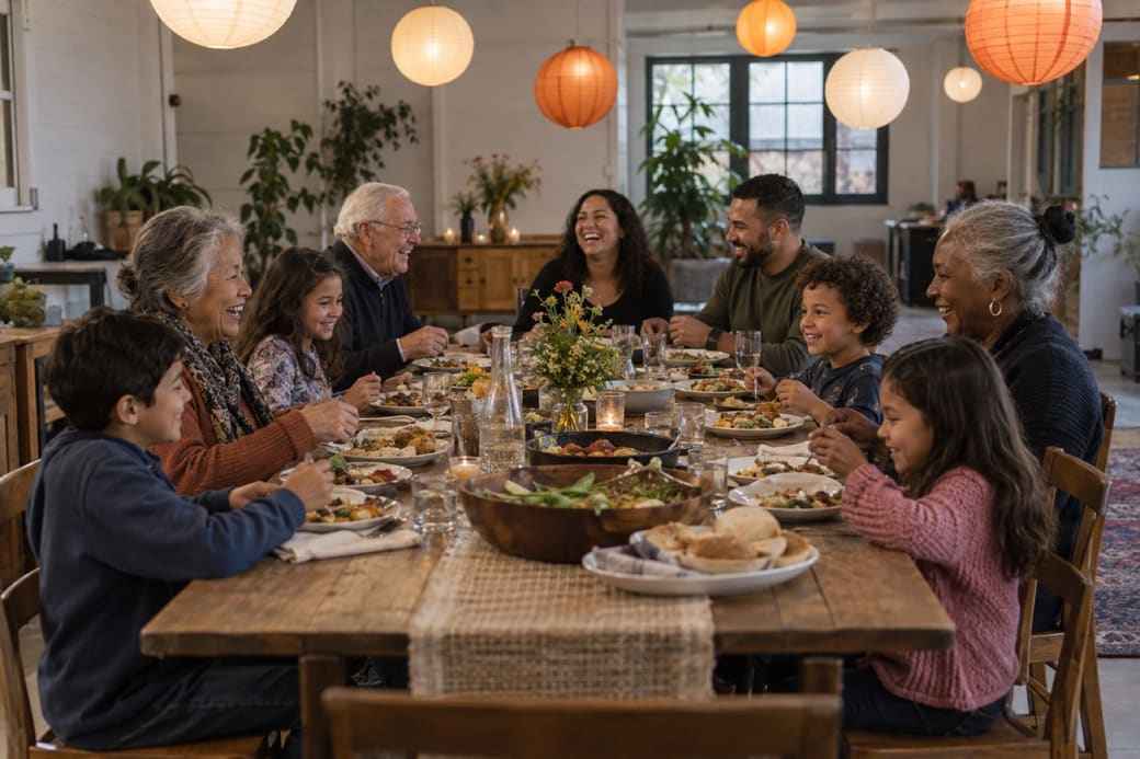 Neighbors sharing dinner at a long table