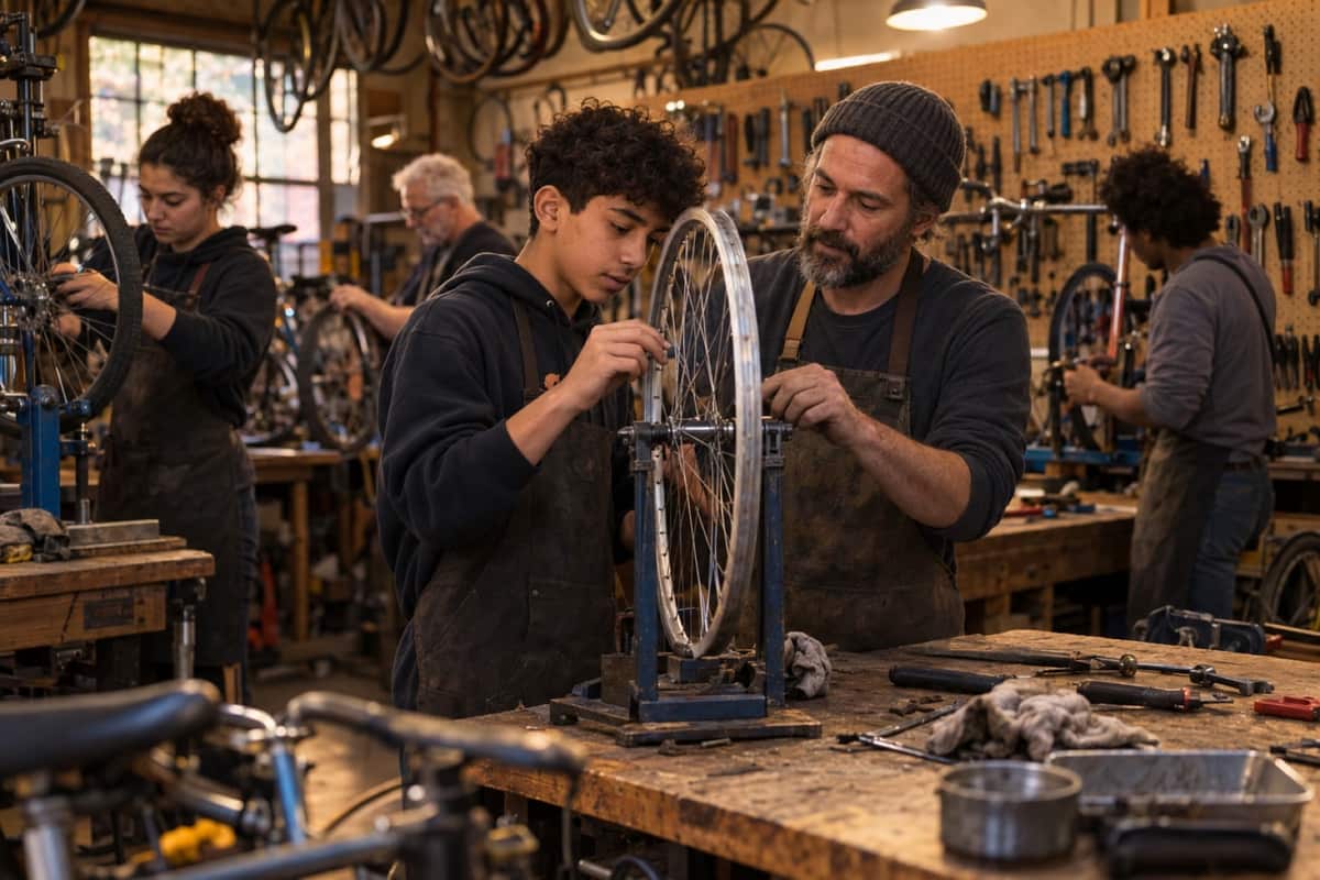 A mentor teaching a teenager to repair a bicycle wheel in a workshop