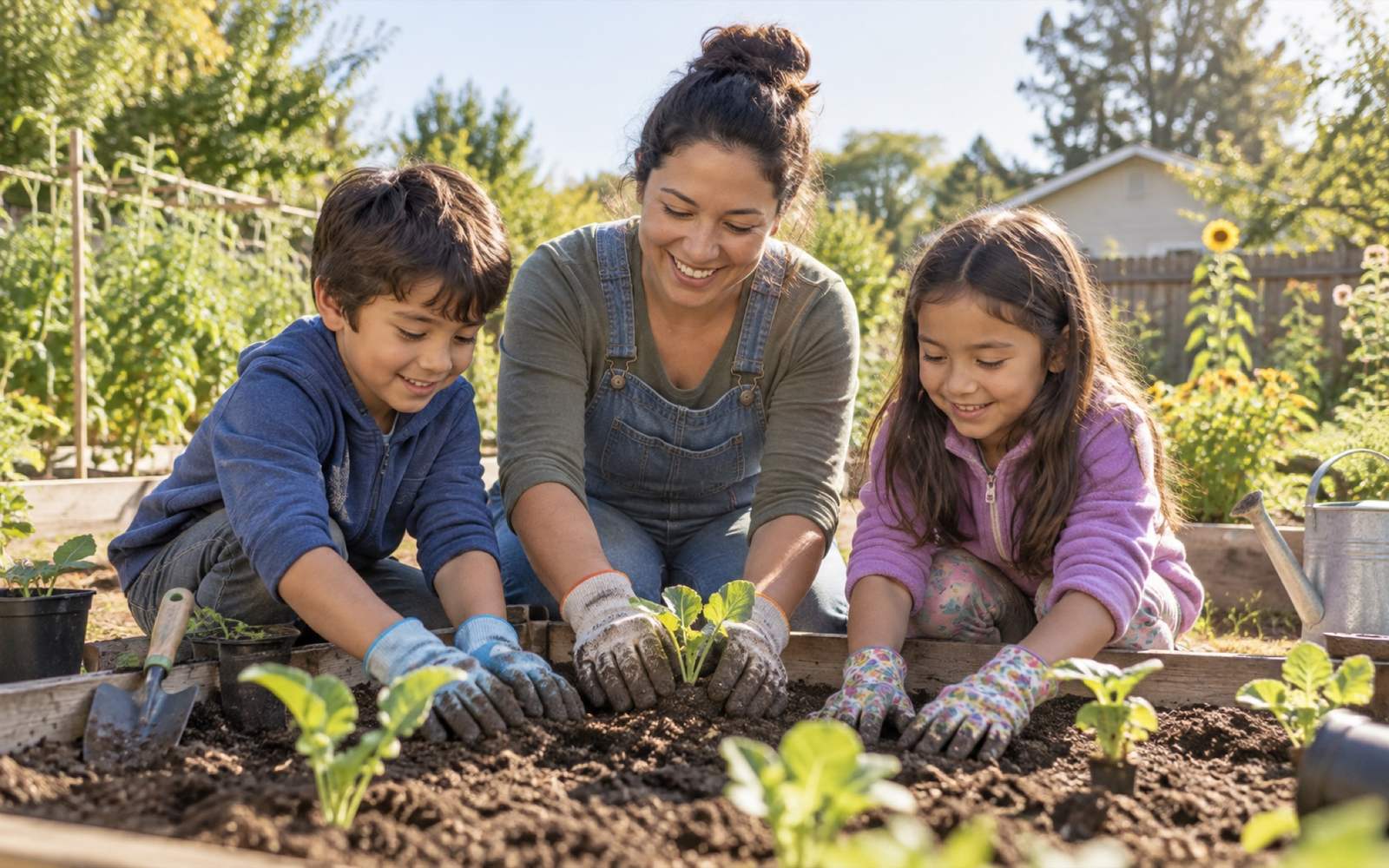 Kids planting seedlings in the Alder Street garden